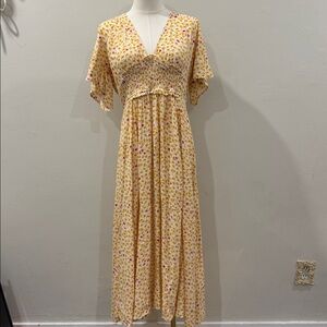 Free People Boho Floral Maxi Dress with Plunging Neckline – Size Large
